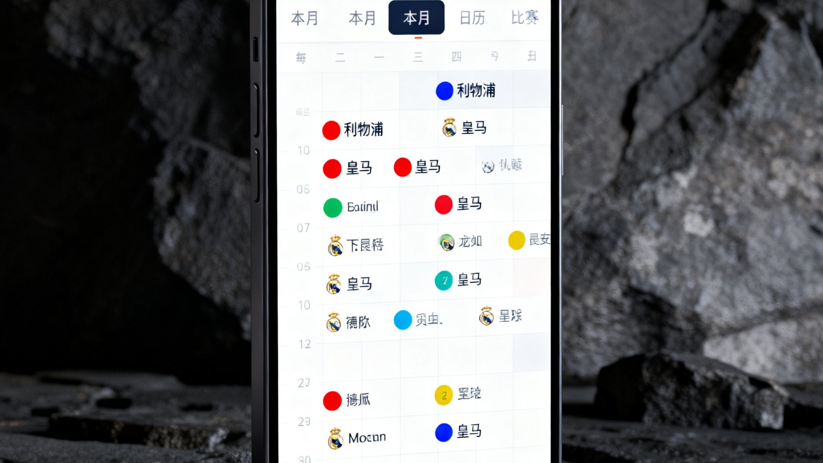 手机屏幕展示赛程日历界面，以日历视图呈现本月所有比赛安排，已标记利物浦、皇马等球队的赛程，不同联赛用不同颜色圆点区分